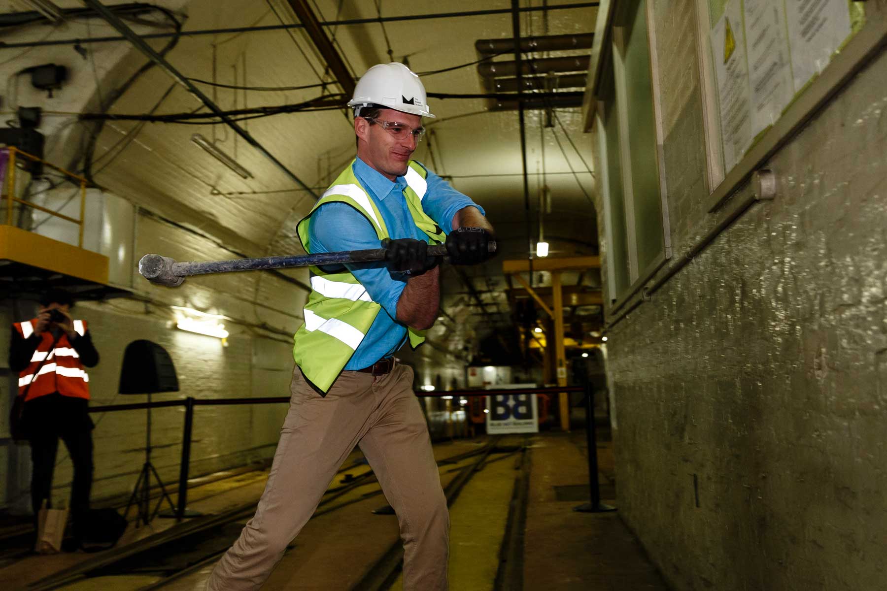 Dan Snow gets to work in Mail Rail with a sledgehammer