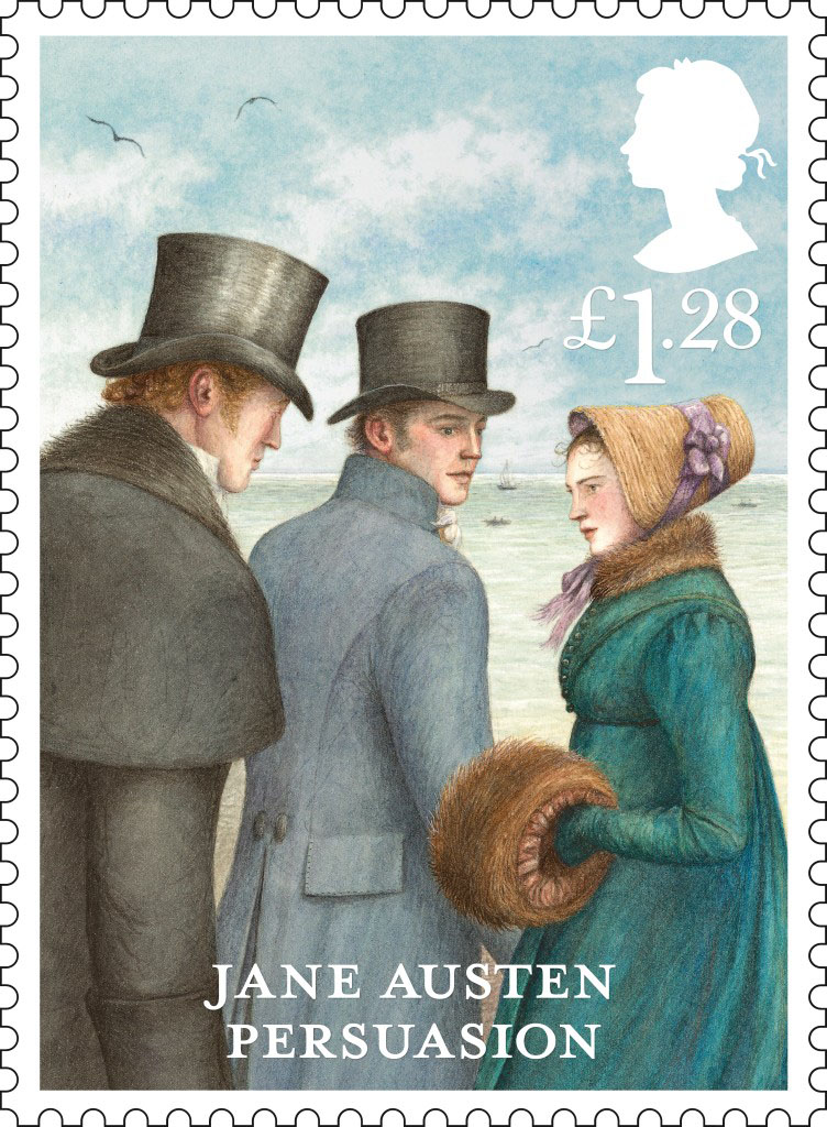 Stamp depicting characters from the novel Persuasion with a value of £1.28.
