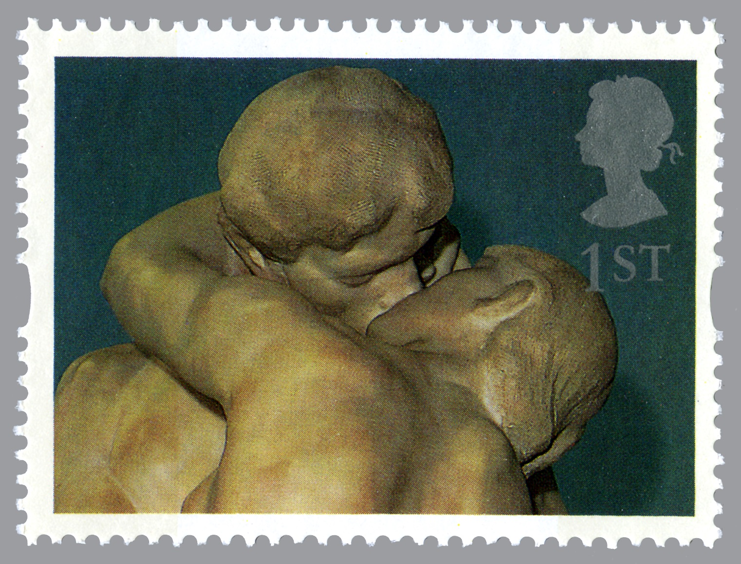 Stamp depicting the marble sculpture of the Kiss by Rodin with a first class value.