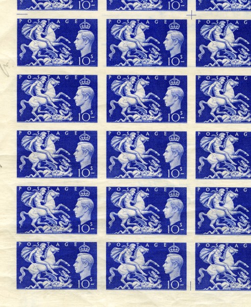 The corner of a sheet of 10s King George VI stamps in blue accompanied by St George and the Dragon