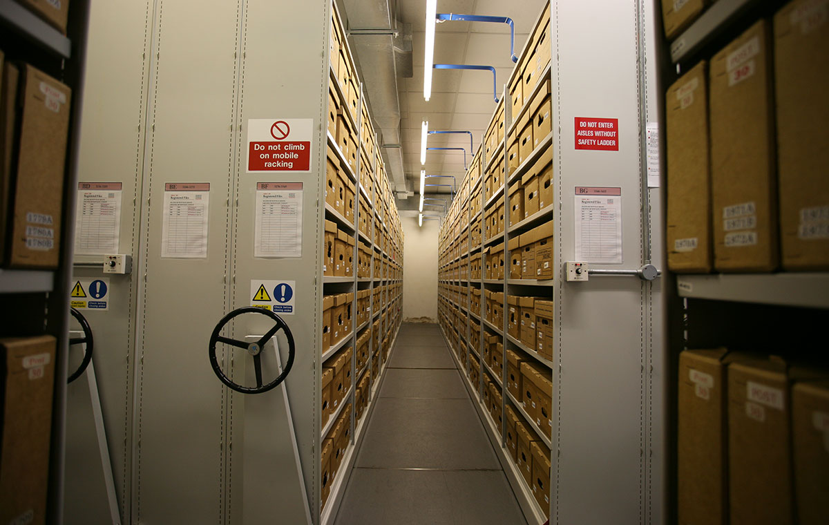 Photo of shelves and boxes in The Postal Museum respository