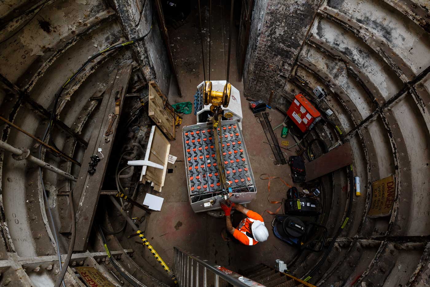The view from above as a loco battery is lifted from Mail Rail