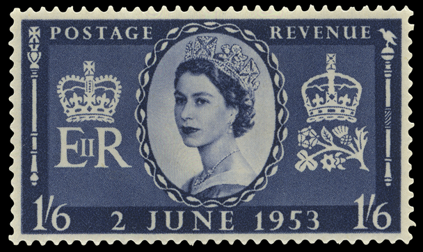 Blue stamp with a portrait of Queen Elizabeth Ii along with the St Edward's and Imperial crown.