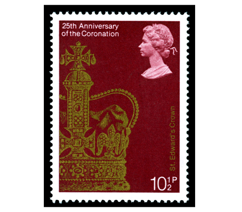 A red stamp with an outline of a golden crown, and a portrait of a young Queen Elizabeth in the top right corner.