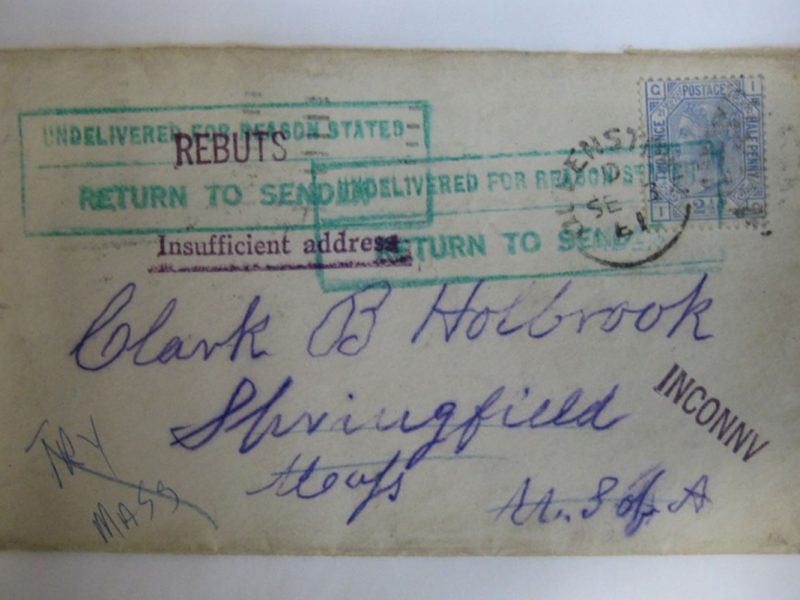 Envelope addressed to Clark B Holbrook, E2512/2a, The Postal Museum