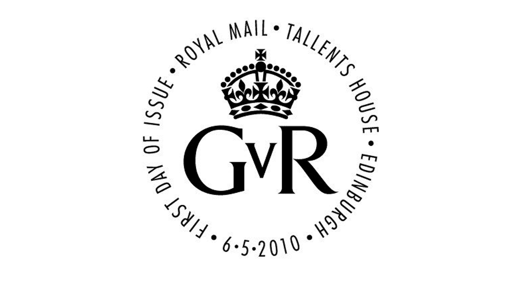 A round black stamp with the letters 'GR' in the middle, with the words 'First day of issue Royal Mail Tallents House Edinburgh.'