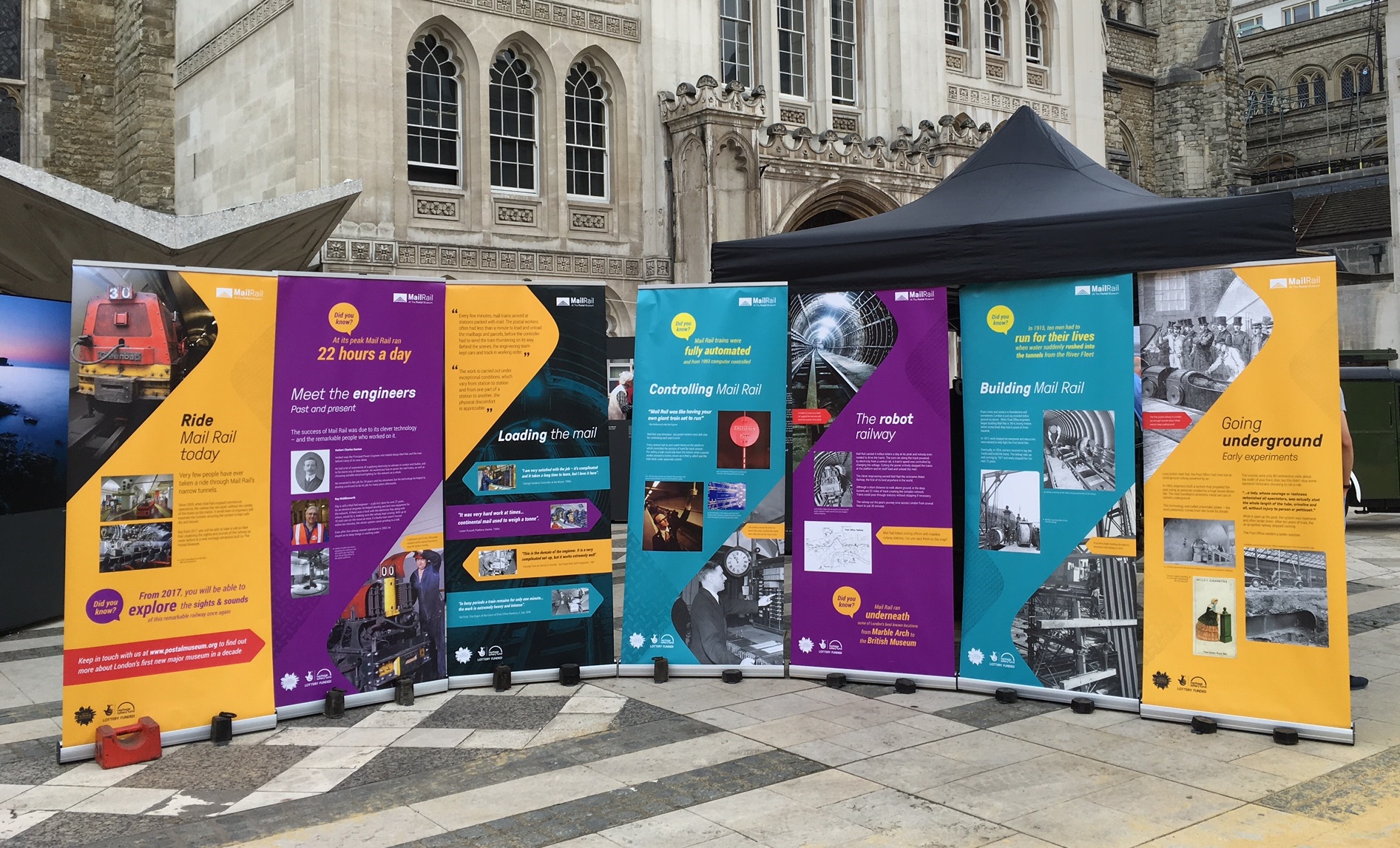 banners from the Mail Rail exhibition in the Guildhall yard