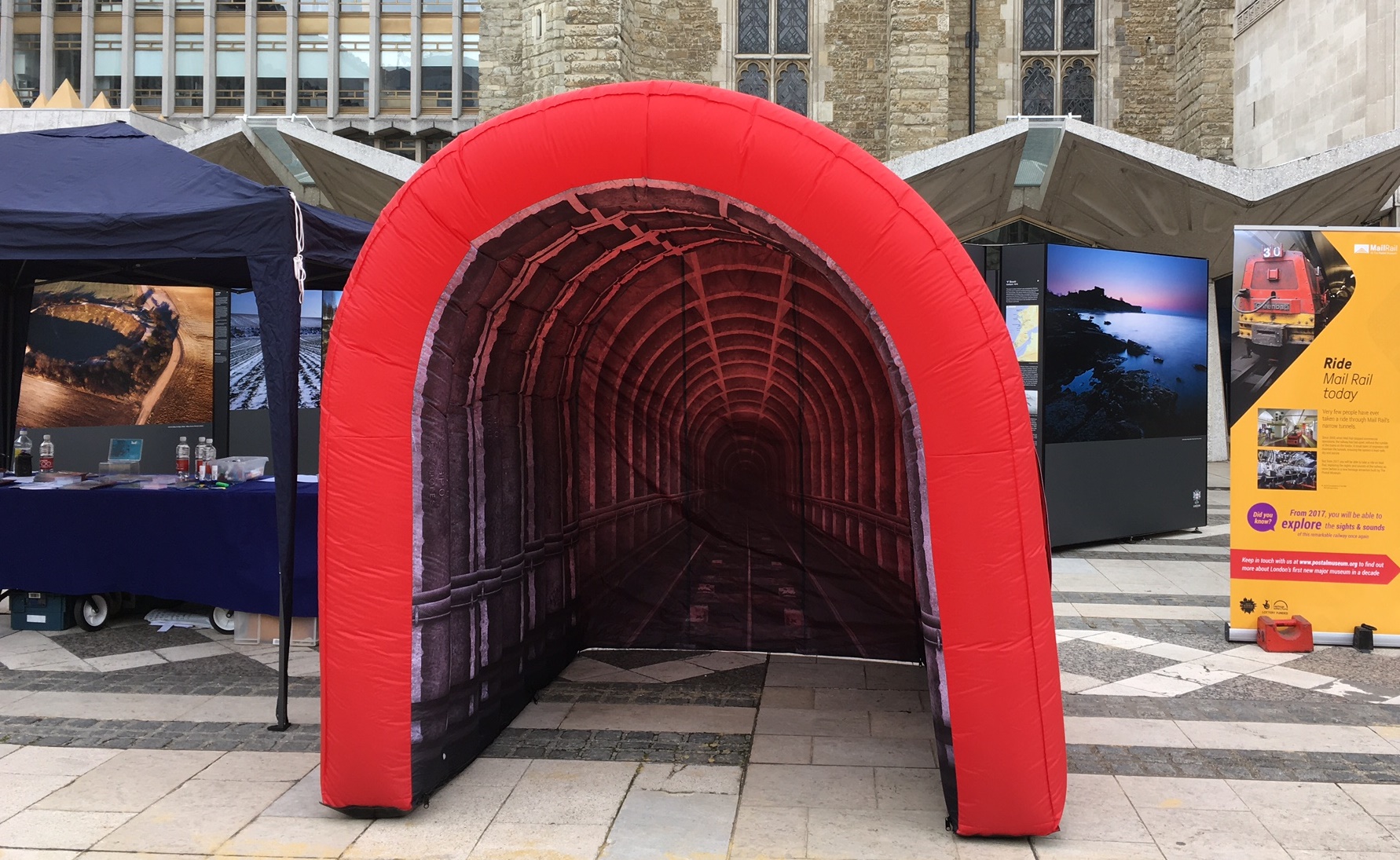 An inflatable mockup of a section of the Mail Rail tunnels on show