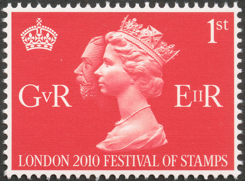 A red stamp that depicts the profiles of King George V and Queen Elizabeth II and their royal cyphers.