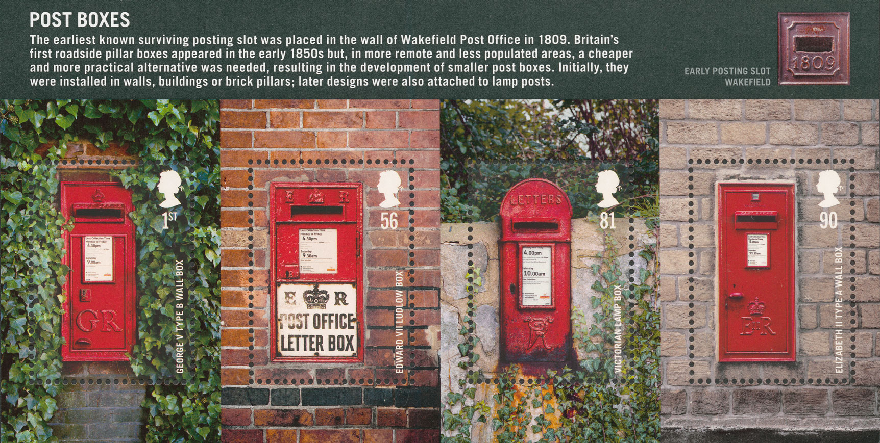 A miniature sheet consisting of four stamps that depict red postboxes with different monarchs cyphers.