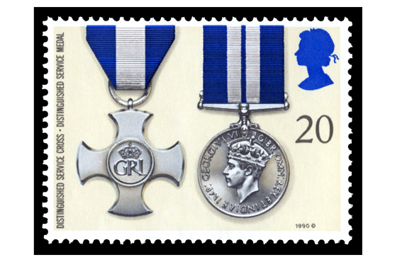A stamp showing two silver medals with blue ribbons, and a blue outline of Queen Elizabeth in the top right corner.