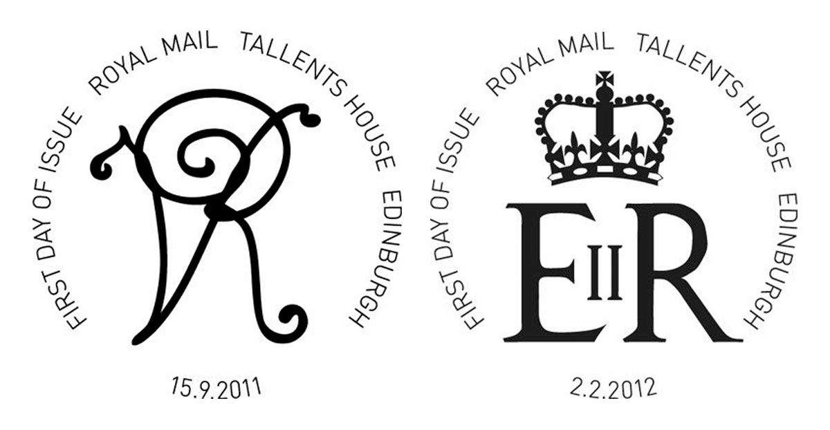 A pair of postmarks - each showing a round stamp. The one on the left shows the letters 'VR' and the text 'First day of issue Royal Mail Tallents House Edinburgh.' The one on the right shows the letters 'ER' and the text 'First day of issue Royal Mail Tallents House Edinburgh.'