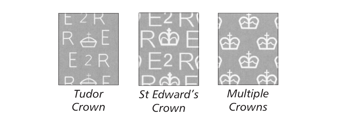 A line of three different grey blocks, each containing a different pattern with unique crown illustrations.