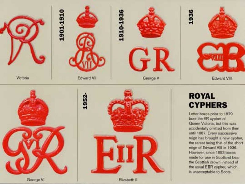 Presentation pack information section that depicts the royal cyphers since the reign of Queen Victoria.