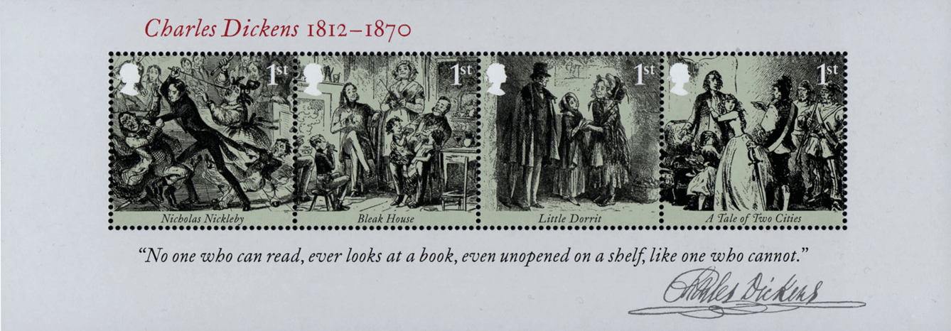 A miniature sheet depicting four illustrations by Harbot Knight Brown of Charles Dickens stories.