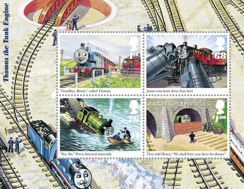 A miniature sheet depicting four stamps with illustrations from the original Thomas the Tank Engine Books.