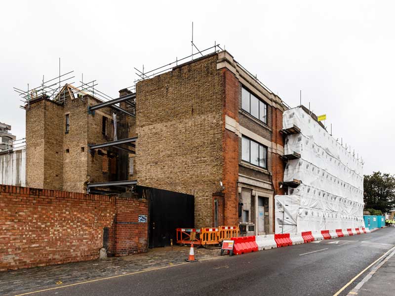 Calthorpe House surrounded by scaffolding and bollards