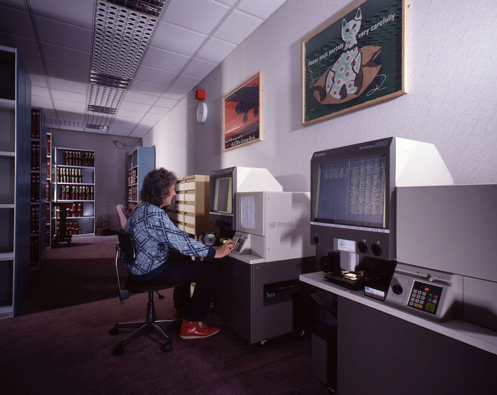 Microfilm reader in use in Public Search Room,