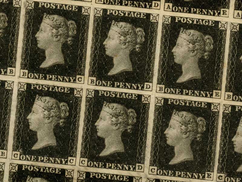 Whole sheet of Penny Blacks, the world’s first adhesive postage stamp, are among many innovations on display.