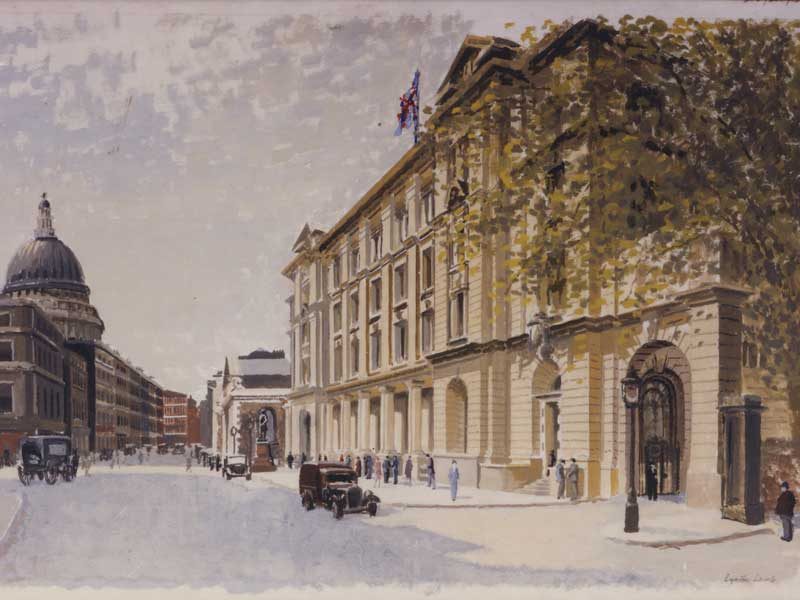 An old oil painting of London with St. Paul's Cathedral visible in the background.