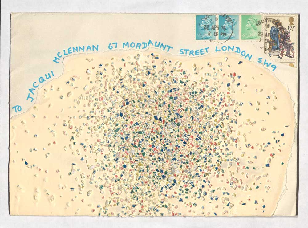 An example of mail art from Jacqui McLennan featuring colourful dots