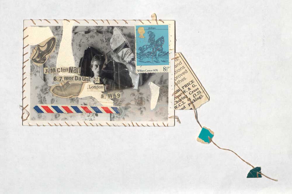 An example of mail art from Jacqui McLennan featuring assorted images stuck to a label