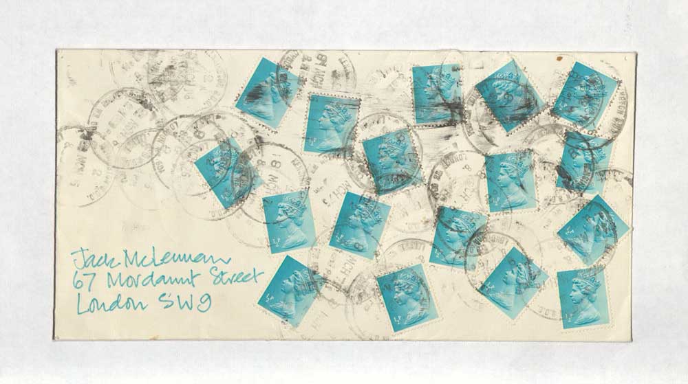 An example of mail art from Jacqui McLennan featuring multiple stamps in a pattern