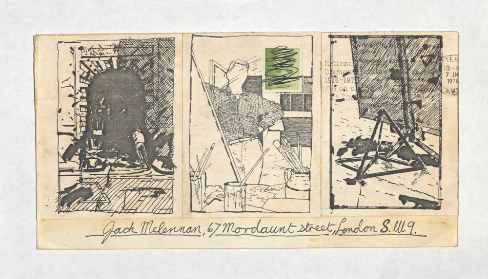 An example of mail art from Jacqui McLennan featuring three sketches