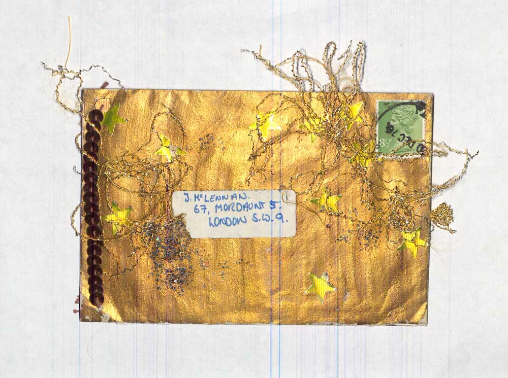 An example of mail art from Jacqui McLennan featuring gold thread