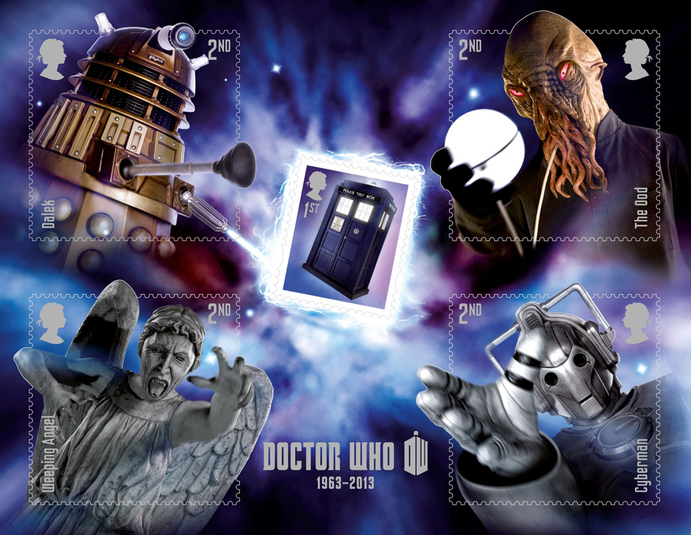 A miniature sheet consisting of four stamps each depicting a villain from Dr Who.