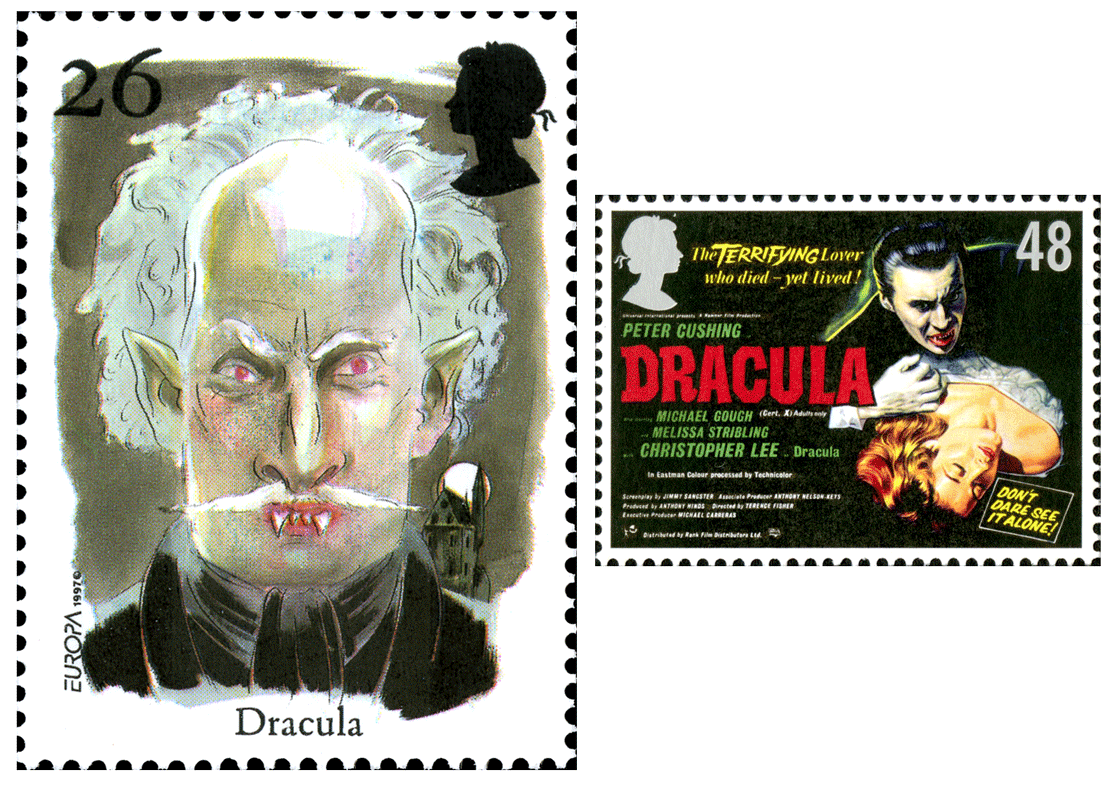 Two stamps depicting Dracula, one as a portrait and the other a Hammer Film production poster.