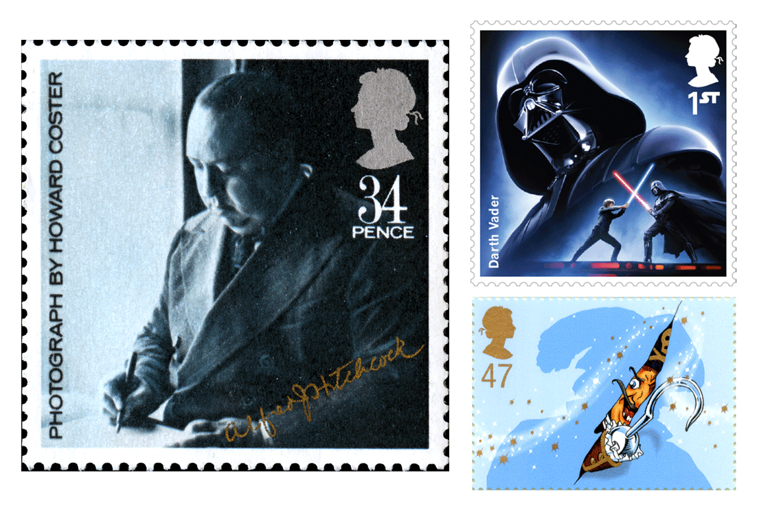 Three stamps depicting Alfred Hitchcock, Darth Vader and Captain Hook.