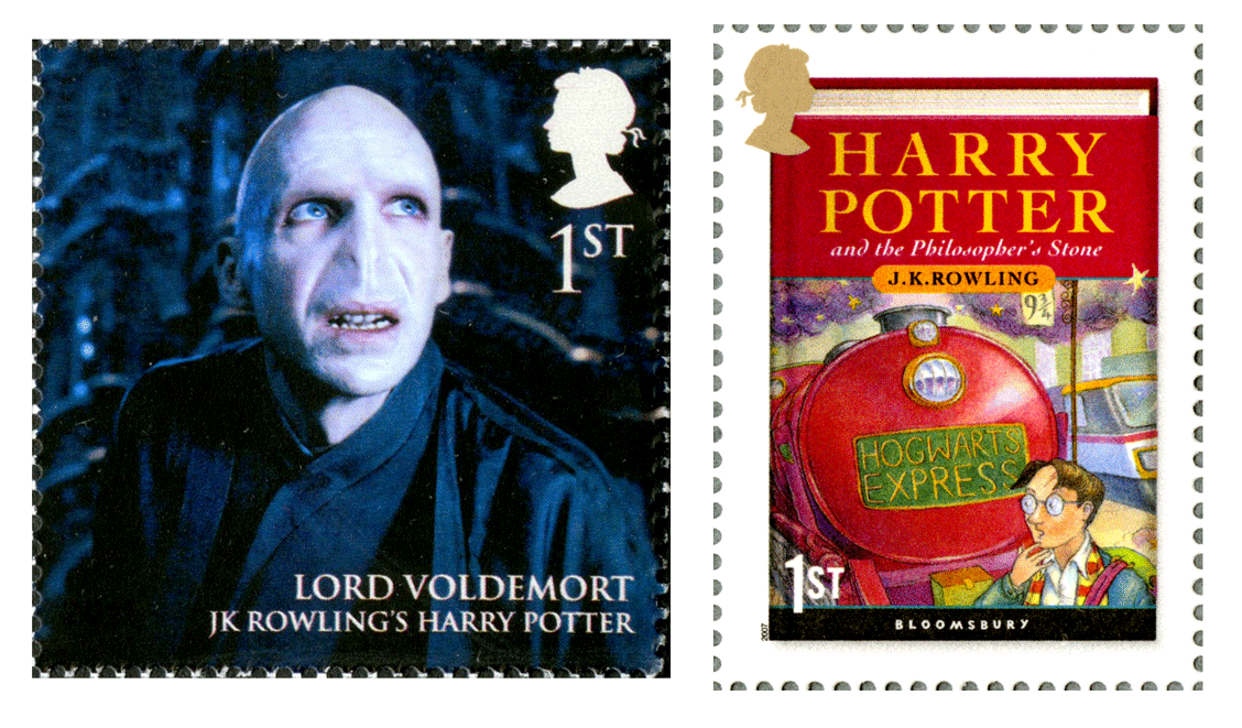 Two stamps; one depicts Lord Voldemort and the other the book cover for the first Harry Potter book, The Philosophers Stone.