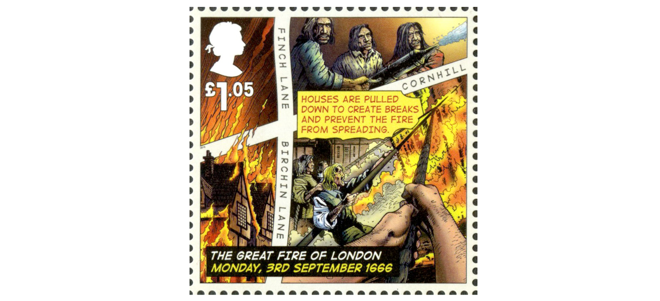 A £1.05 stamp depicting men pulling down houses to act as fire brakes in the hope of stopping the fire.