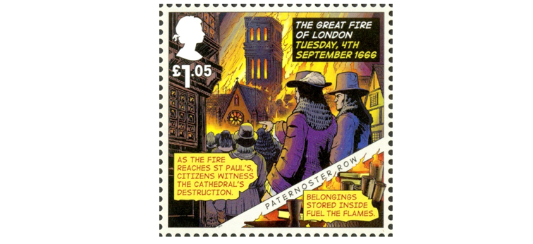A £1.05 stamp that depicts people watching St Paul's burn down during the fire.