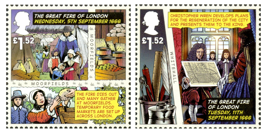 Two stamps both with the value £1.52 that depict food markets and Sir Christopher Wren's plans for a new city.