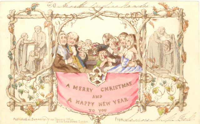 Christmas Card with people drinking and socialising.