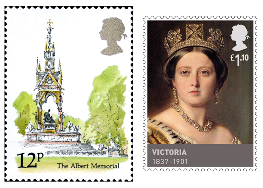 One stamp depicting the Prince Albert Memorial and another of a young Queen Victoria.