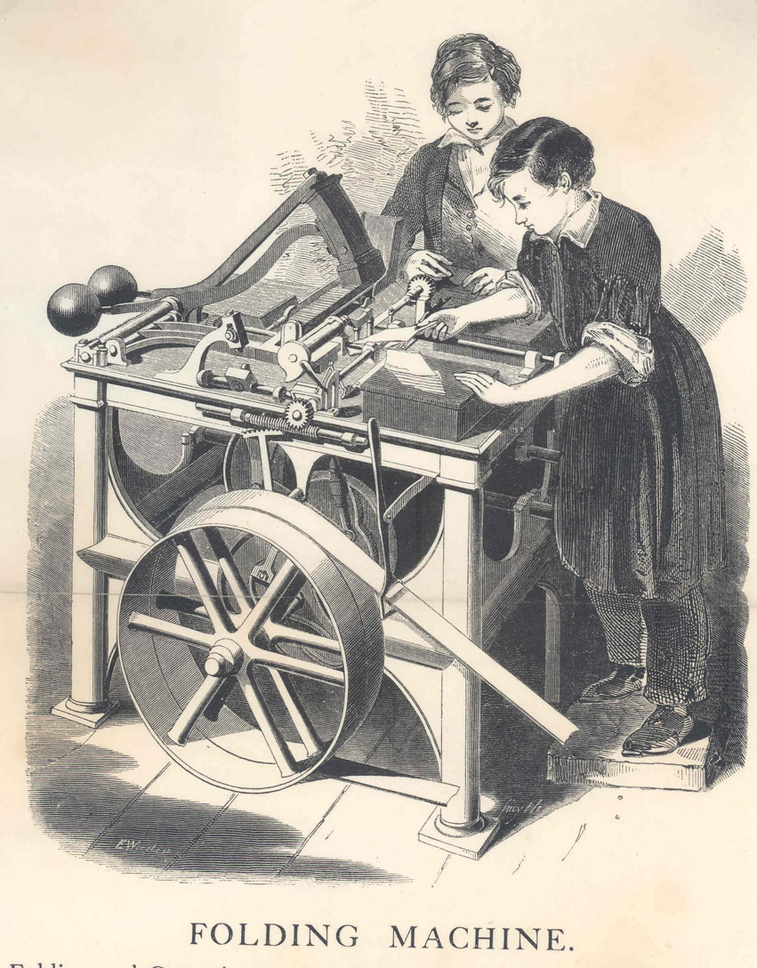 Drawing of the De La Rue envelope folding machine with two boys,