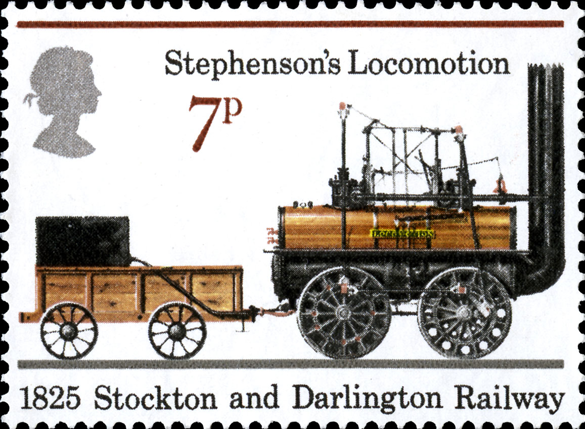 Image of the Stephenson's Locomotive on a stamp.