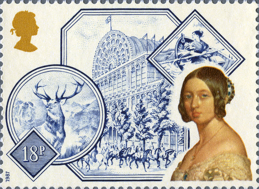 Stamp depicting a young Queen Victoria with Crystal Palace in the background.