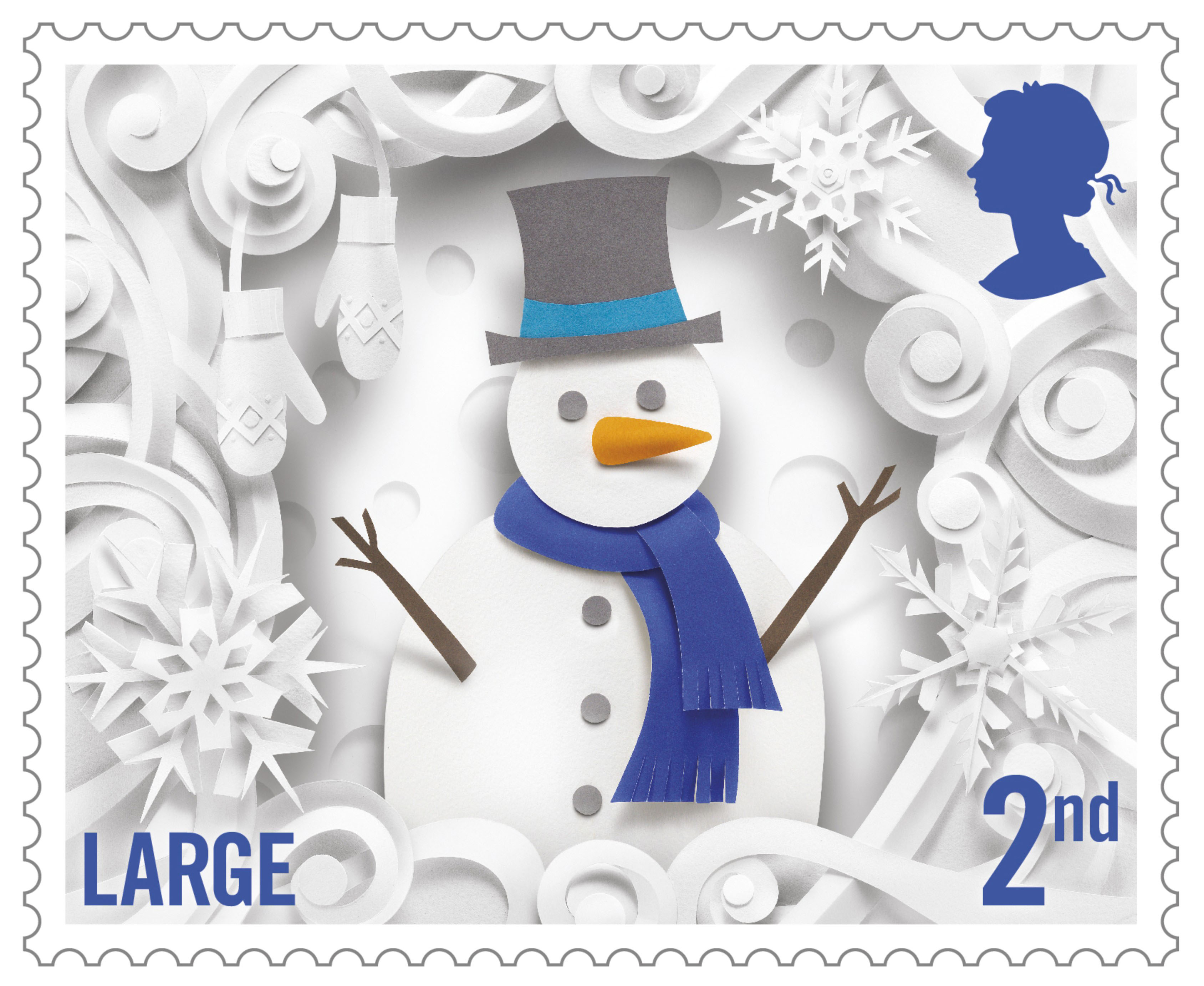 Large image of the second class Christmas stamp with a paper cutting of a snowman surrounded by snowflakes.