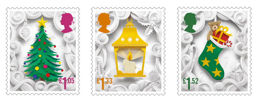 Three stamps depicting a Christmas tree, a lantern and a Christmas stocking.