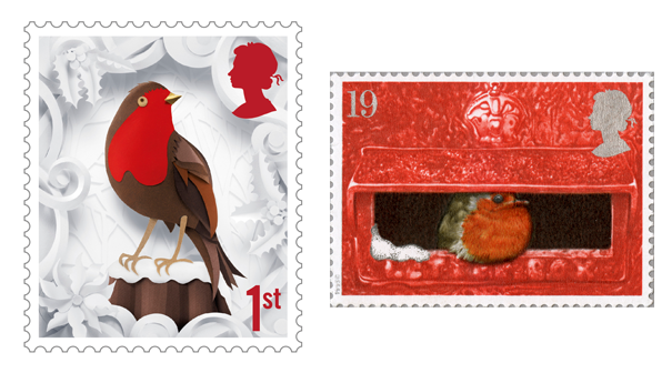 Two stamps depicting robins, one on the left produced from paper cutting and on the right an image of a robin in a pillar box.