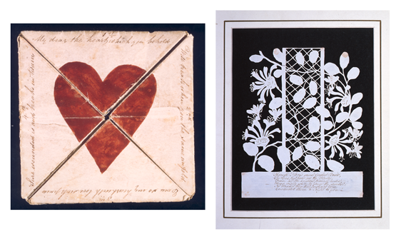 Two valentines cards; on the left a folded card depicting a heart and on the right a silhouette card of flowers and bees.