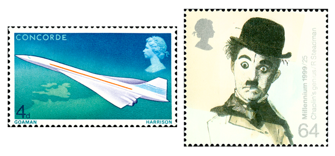 Two stamps depicting an image of Concorde in flight and a drawing of Charlie Chaplin.