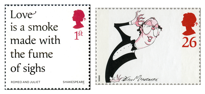 Two stamps depicting words from Romeo and Juliet and a caricature of Eric Morecambe.