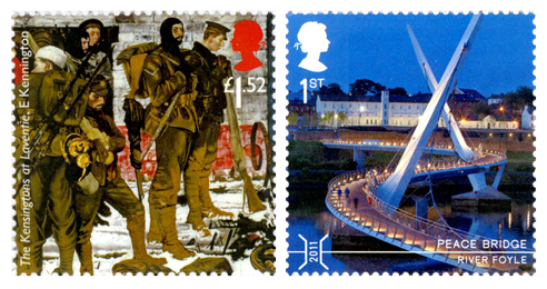 Two stamps depicting a painting of soldiers by Eric Kennington and a photo of the Peace Bridge in Derry.