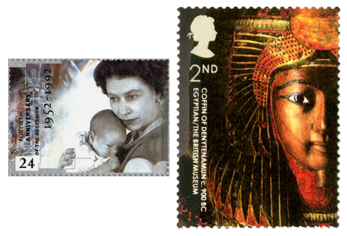 Two stamps depicting the young baby Prince Andrew in Queen Elizabeth's arms and the coffin of Denytenamun from the British Museum.