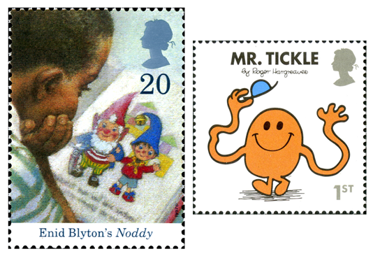 Two stamps, one depicting a boy reading a Noddy story and the other is the book cover of Mr. Tickle.